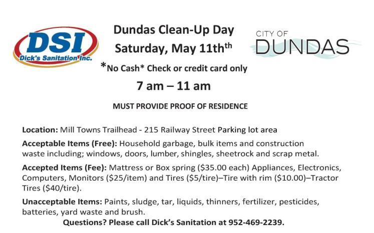 Dundas clean up day flyer. Held Saturday May 11th from 7am to 11 am at 215 Railway Street parking lot
