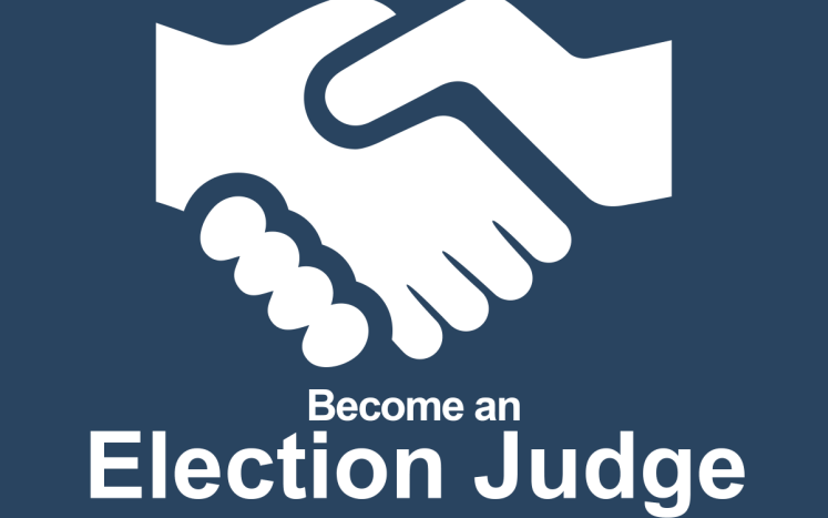 Two hands shaking hands, with the text "Become an Election Judge" imposed below it.
